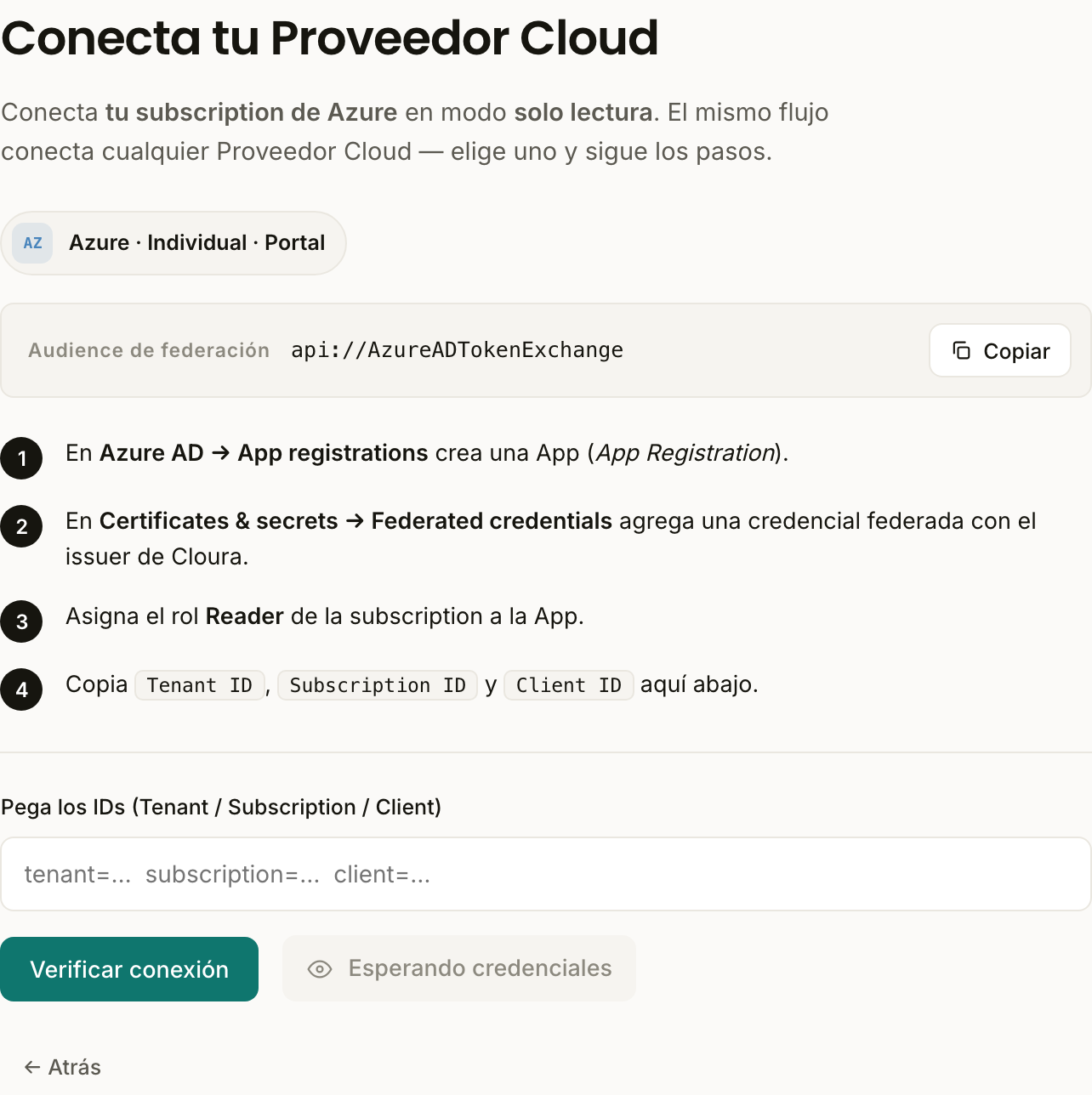 Paso de federación de Azure en el asistente de conexión