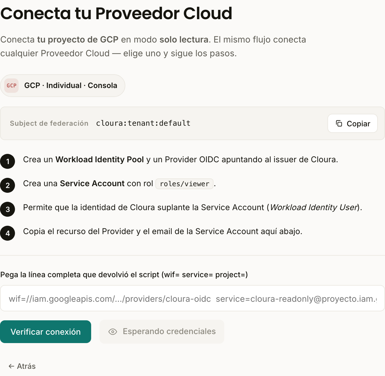 Paso de federación de GCP en el asistente de conexión